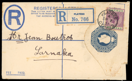 1921 Two items from Platres, showing 2pi size F registered envelope, uprated with KGV 30pa, and 1d postal card to Vienna, Austria, both cancelled PLATRES A/CYPRUS cds's, a fine pair.