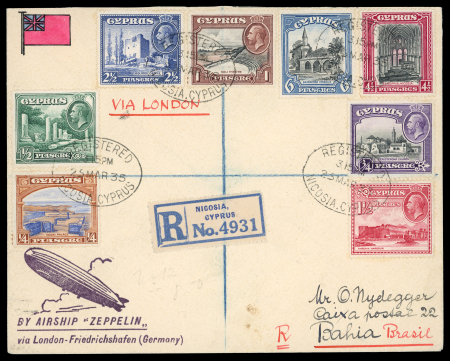 1935 Zeppelin First Flight to Brazil  Registered Zeppelin First Flight cover posted from Nicosia on 25 March 1935 and addressed to Bahia, Brazil, via London and Friedrichshafen. Franked with the King George V definitive 