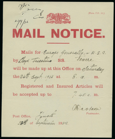 1932 Post Office Notice, displayed at Famagusta, advising the closing times for the despatch of mails to Europe and the United States via Lloyd Triestino steamship service. An unusual and scarce official postal notice, i