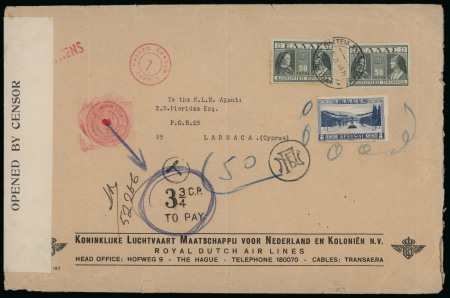 1940 (24 Feb.) Large censored envelope sent via Nicosia to Larnaca, bearing a Greek 1Dr adhesive for postage together with an 8Dr stamp invalid for postal use. As a result, the cover was taxed on arrival, receiving "T" a
