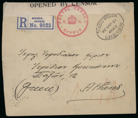 1936 (13 June) Registered censored envelope from Nicosia to Athens, franked with KGVI 5pi, with the censor sealing tape tied by three strikes of the scarce POSTAL CENSOR/E.R./CYPRUS cachet in red. A very fine and excepti