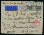 1940 (23 Aug.) Censored airmail cover from Nicosia to England, bearing a KGVI Pictorial 13½pi franking, tied by NICOSIA/CYPRUS datestamps. Additionally struck with the scarce hexagonal violet "PALESTINE PASSED BY CENSOR 