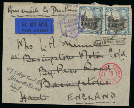 1940 (23 Aug.) Censored airmail cover from Nicosia to England, bearing a KGVI Pictorial 13½pi franking, tied by NICOSIA/CYPRUS datestamps. Additionally struck with the scarce hexagonal violet "PALESTINE PASSED BY CENSOR 