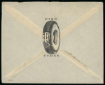 1938 (28 Aug.) Fisk Tyres advertising airmail envelope from Larnaca to Detroit, Michigan, U.S.A., franked with a KGVI Pictorial 5½pi rate, tied by LARNACA/CYPRUS datestamps. Additionally bearing the scarce boxed "PAID / 