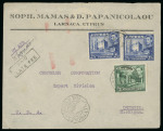 1938 (28 Aug.) Fisk Tyres advertising airmail envelope from Larnaca to Detroit, Michigan, U.S.A., franked with a KGVI Pictorial 5½pi rate, tied by LARNACA/CYPRUS datestamps. Additionally bearing the scarce boxed "PAID / 