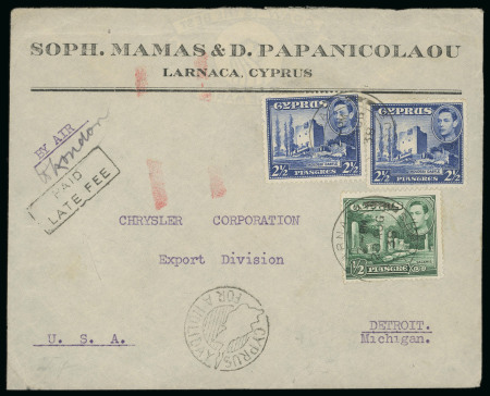 1938 (28 Aug.) Fisk Tyres advertising airmail envelope from Larnaca to Detroit, Michigan, U.S.A., franked with a KGVI Pictorial 5½pi rate, tied by LARNACA/CYPRUS datestamps. Additionally bearing the scarce boxed "PAID / 