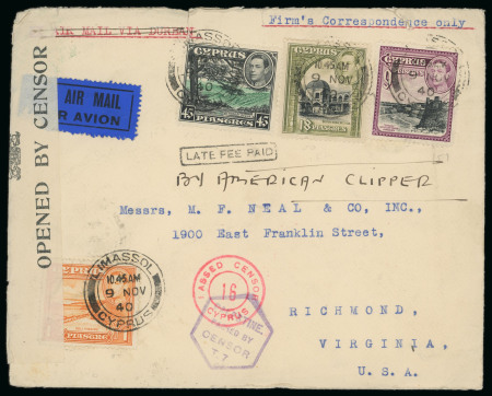 1940 (9 Nov.) Censored airmail cover from Limassol to Richmond, Virginia, U.S.A., carried by the American Clipper, bearing a KGVI 73pi franking. Showing the scarce hexagonal violet PALESTINE / PASSED BY CENSOR / T.5 hand