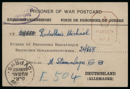 1942–45 Prisoner of War correspondence, comprising a group of six covers and cards illustrating a variety of P.O.W. postal history, with an array of censor markings and several useful Rural Service handstamps, including 