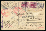 1928–59 Incoming Mail: Accumulation of 22 covers, predominantly addressed to Cyprus, including airmail and registered usages. Noted is a postcard from Austria to Larnaca bearing the scarce linear "UNCLAIMED" and "NOT KNO