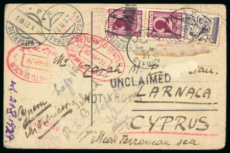 1928–59 Incoming Mail: Accumulation of 22 covers, predominantly addressed to Cyprus, including airmail and registered usages. Noted is a postcard from Austria to Larnaca bearing the scarce linear "UNCLAIMED" and "NOT KNO
