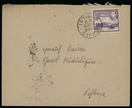 1947 (16 Dec.) Envelope from Istingo to Lefkosa, franked with KGVI 1½pi, tied by the scarce ISTINGO G.R. RURAL SERVICE/CYPRUS datestamp. A fine and scarce example of Rural Service postal history.  Note: Istingo (also rec