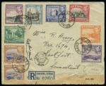 1935–46 KGV & KGVI: Attractive group of eight covers bearing a variety of Pictorial Issue frankings, including airmail, censored, and registered usages, one showing the scarce boxed "A.R." handstamp. A fine representativ