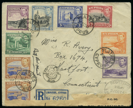 1935–46 KGV & KGVI: Attractive group of eight covers bearing a variety of Pictorial Issue frankings, including airmail, censored, and registered usages, one showing the scarce boxed "A.R." handstamp. A fine representativ