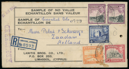 1951 (31.8) Sample of No Value printed envelope registered and addressed from Limassol to Holland, with Pictorial 25pi franking tied by REGISTERED/LIMASSOL, CYPRUS/31.AUG.52 oval ds, an unusual and scarce usage of the Sa