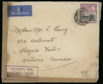 1954 (25 Dec.) Prestwick Air Crash: Airmail envelope from Famagusta to Ontario, Canada, franked with KGVI Pictorial 9pi, tied by FAMAGUSTA/CYPRUS circular datestamp. Struck with the boxed violet cachet "SALVAGED MAIL / A