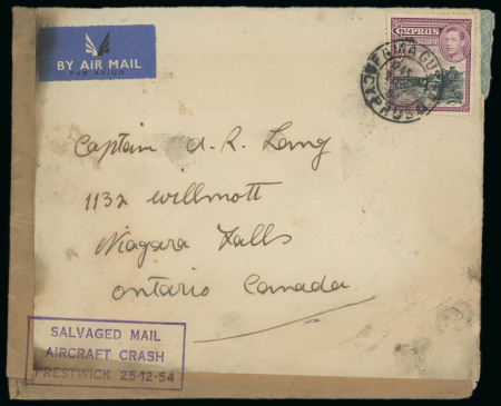 1954 (25 Dec.) Prestwick Air Crash: Airmail envelope from Famagusta to Ontario, Canada, franked with KGVI Pictorial 9pi, tied by FAMAGUSTA/CYPRUS circular datestamp. Struck with the boxed violet cachet "SALVAGED MAIL / A