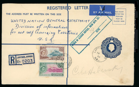 1955–60 QEII. Attractive assembly of sixteen covers and registered envelopes illustrating a wide range of frankings and postal usages, including express mail, a registered linen sack from Lefkara to Zurich, boxed A.R., f