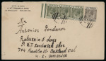 1925 Envelope from Nicosia to Oakland, California, U.S.A., franked with KGV ¾pi green (3) and ½pi grey, posted aboard ship and cancelled by the oval numeral "5" of the Nicosia Port Post Office. A very fine and attractive