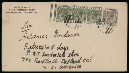 1925 Envelope from Nicosia to Oakland, California, U.S.A., franked with KGV ¾pi green (3) and ½pi grey, posted aboard ship and cancelled by the oval numeral "5" of the Nicosia Port Post Office. A very fine and attractive