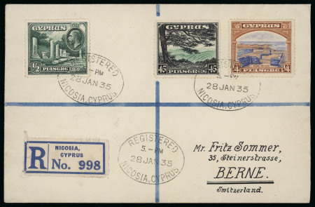 1934 Pictorial Issue complete set of eleven, tied on three registered envelopes by REGISTERED/NICOSIA, CYPRUS/28.JAN.35 oval datestamps, all addressed to Berne, Switzerland. A very fine and attractive set of registered p