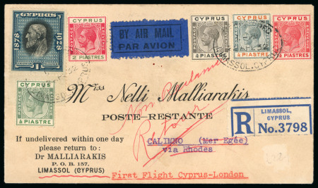 1930–41 Airmail Usages. Attractive selection of eight flight covers, including the 1930 hydroplane service from Limassol to Alexandria, 1932 first flights from Cyprus to India, Athens, and London, and a 1941 China Clippe