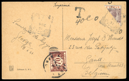 1931 Matched pair of picture postcards to Ghent (Gand), Belgium, each franked with a bisected KGV 1pi violet and red. On one card the bisect was accepted as valid postage, while on the other it was rejected, receiving a 