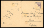 1931 Matched pair of picture postcards to Ghent (Gand), Belgium, each franked with a bisected KGV 1pi violet and red. On one card the bisect was accepted as valid postage, while on the other it was rejected, receiving a 