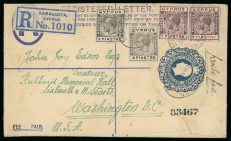 1930 (12 Mar.) Size F 2pi blue registered envelope from Famagusta to Washington, U.S.A., uprated with KGV ¾pi (2) and 1pi (2) adhesives, all tied by REGISTERED/FAMAGUSTA, CYPRUS oval datestamps. With the registered label
