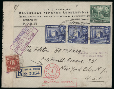 1939–42 Exchange Control: Group of three censored covers, including one incoming from South Africa, all bearing the red boxed "FOR EXCHANGE CONTROL" handstamp. Two examples show the scarcer shortened form "EXCHANGE CONTR