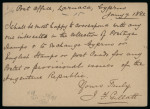 1882 1 1/2pi brown postal card, cancelled LARNACA A/JA.8.82/CYPRUS cds, addressed to Argentina, with Buenos Aires octagonal ds, very fine and scarce destination.