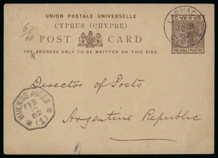 1882 1 1/2pi brown postal card, cancelled LARNACA A/JA.8.82/CYPRUS cds, addressed to Argentina, with Buenos Aires octagonal ds, very fine and scarce destination.