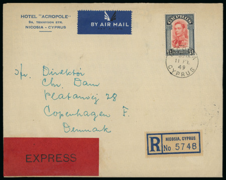 1949 (11 Feb.) Registered express envelope from Nicosia to Denmark, bearing 1938–51 £1 scarlet and indigo, tied by NICOSIA / 11 FE 49 c.d.s. A very fine and attractive high-value franking.