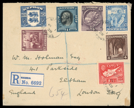 1928 First Day Cover – Cyprus Pictorial Issue  1928 registered First Day Cover bearing a part set of nine King George V Pictorial stamps from ¾ Piastre to 9 Piastres, all tied by NICOSIA / FE.1.28 First Day cancellations