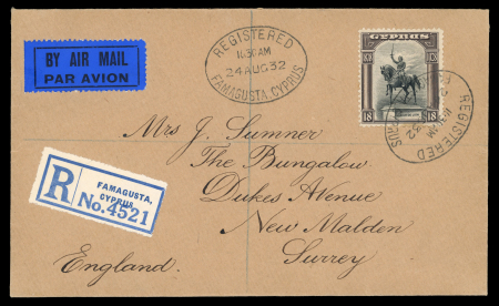 1928 Pictorial Issue – Range of Postal Usages: An attractive group of five covers illustrating the versatility of the popular 1928 Cyprus Pictorial Issue, with frankings ranging from ¾ piastre to 18 piastres. The group i