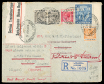 Overland Desert Mail — First Month of Service  5 June 1929. Registered cover from Limassol to India, franked with the 1924–28 issue: 2pi black (two), ½pi green and 2½pi, together with the 1928 50th Anniversary of British
