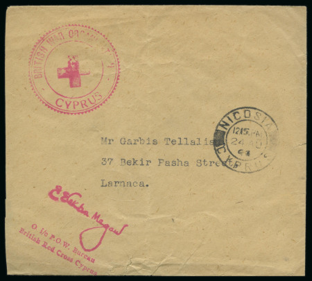 1942–76 Red Cross. Interesting group of covers and documents relating to the Red Cross, including a cover with the red BRITISH WAR ORGANISATION / CYPRUS cachet sent free of postage from Nicosia to Larnaca, together with 
