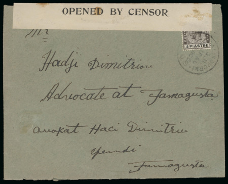 1931 Cyprus Riots: Pair of censored mail sent to Lawyers during the riots, one showing Rural Service cancels of Galinoporni and Leonarisso as transit on reverse, plus revenue document linked to taxation on the rebuilding