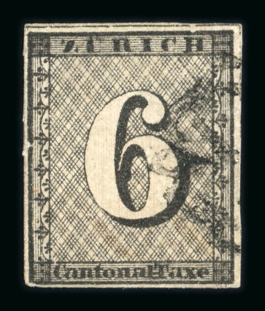1843, Zürich 6, Type I, mit blassen senkrechten Unterdrucklinien