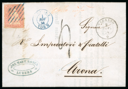1854, 15 Rp. rot, 1. Münchner Druckperiode, auf Brief nach Arona (Sardinien)