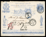 1890 Illustrated U.P.U. 1d blue printed stationery envelope, sent from Llangollen, Wales, to Larnaca, Cyprus, struck with a hexagonal "T" tax handstamp and initially assessed with "1½ C.P.", subsequently cancelled and re