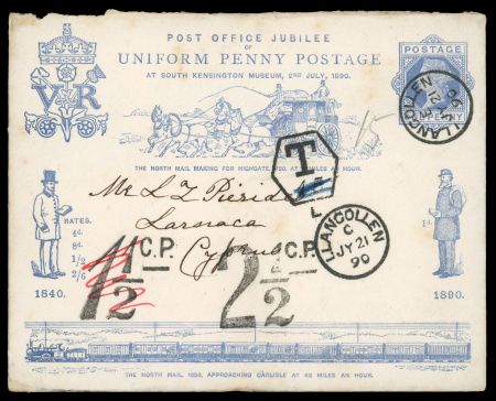 1890 Illustrated U.P.U. 1d blue printed stationery envelope, sent from Llangollen, Wales, to Larnaca, Cyprus, struck with a hexagonal "T" tax handstamp and initially assessed with "1½ C.P.", subsequently cancelled and re