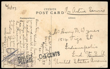Postage Due on Military Mail to the United States  1917 (18.6) This postage-free real photographic postcard depicting the Old Harbour Gate of Famagusta was written by a member of the Royal Scots stationed in Cyprus and a