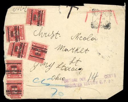 1931 Cyprus Postage-Due Cover to the United States   KGV-era cover posted unfranked from Kyrenia to Ohio, USA, cancelled “KYRENIA / CYPRUS / 18 JU 31.” Bearing manuscript charge markings and the “POSTAGE DUE 14 CENTS / F