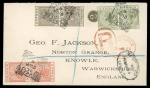 1896 (10.3) Registered envelope from Larnaca to George Frederick Jackson in Warwickshire, franked 1882-86 CA Die I 6pi olive-grey, vertical pair plate No.2 marginal, 1892 CA Die II 4pi pair and the very scarce 12pi orang