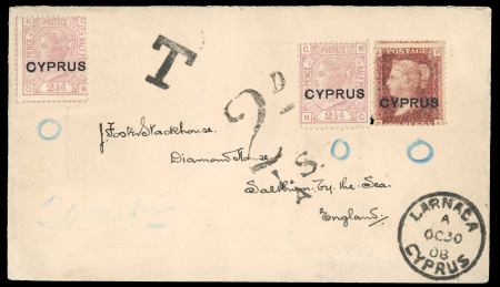 Invalid Cyprus Overprinted Stamps Used on Cyprus Mail  1908 (30.10) Envelope from Larnaca to Saltburn-by-the-Sea, England, bearing 1880 1d red (Plate 215) and 2½d rosy mauve (Plates 14 and 15) stamps, all invalid for pos
