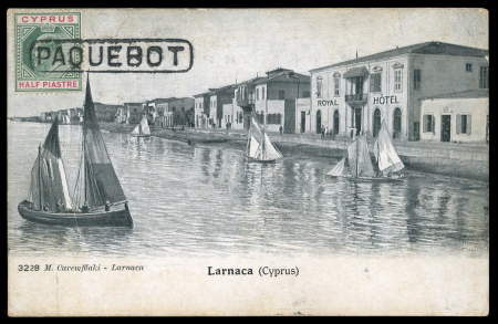 1910-34 Two picture postcards both showing different types of Paquebot cancels, including 1910 picture postcard of Laranca franked KEdVII 1/2pi tied large boxed PAQUEBOT cancel, plus 1934 real photo card of the Mosque of