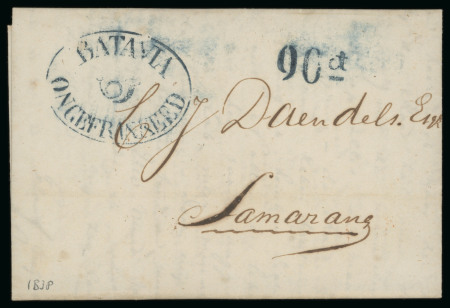 1838, complete folded letter Batavia to Samarang, perfectly struck by blue Batavia Ongefrankeed with posthorn (WdB 113b)