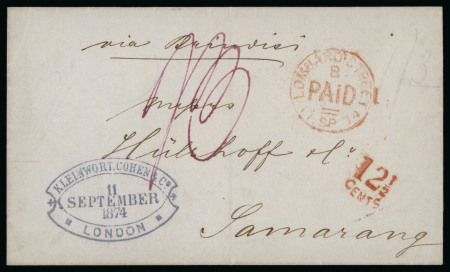 1866, 1874, two folded letters from London forwarded to Batavia and Samarang.
