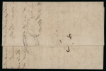 1844, letter from Amsterdam to Surabaya, with Zeebrief Ongefrankee misspelled postmark.