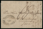 1844, letter from Amsterdam to Surabaya, with Zeebrief Ongefrankee misspelled postmark.